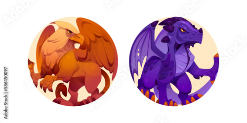 Griffin and dragon cartoon vector icon set. Gryphon beast game character illustration on round background. Medieval fantasy animal with claw for profile avatar. Mythical creature clipart collection