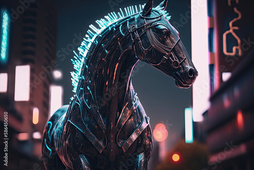 a large metal horse statue stands in a city created with Generative AI technology