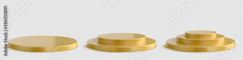 3d isolated gold podium vector set. Golden circle pedestal pack to display product. Premium round stand template with step. Award scene template for mockup. Metal advertising empty showcase.