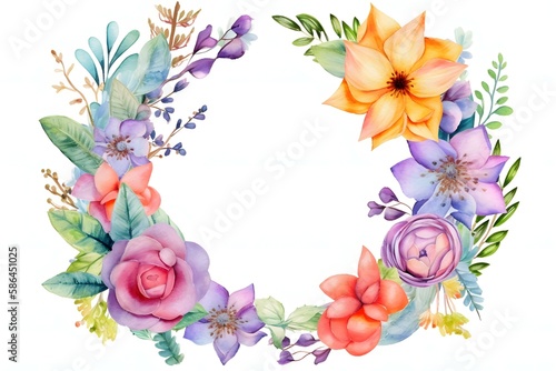 Watercolor floral frame. Spring or summer flowers for invitation  wedding or greeting cards. Generative AI