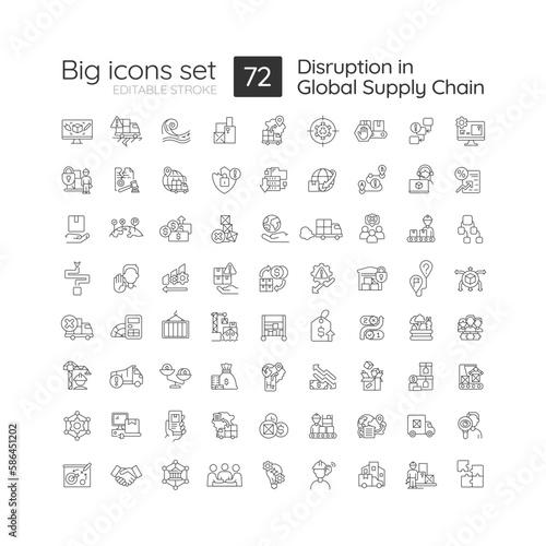Disruption in global supply chain linear icons set. Distribution industry issues. Logistic service improvement. Customizable thin line symbols. Isolated vector outline illustrations. Editable stroke