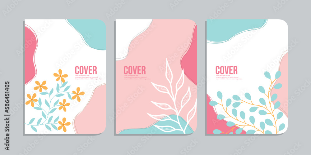 set of book cover designs with hand drawn floral decorations. abstract retro botanical background. size A4 For notebooks, planners, brochures, books, catalogs