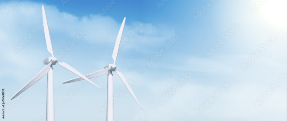 3d white wind mill power turbine on sky background. Windmill station to create alternative energy banner business concept. Realistic renewable sustainable electricity generation billboard layout. - obrazy, fototapety, plakaty 