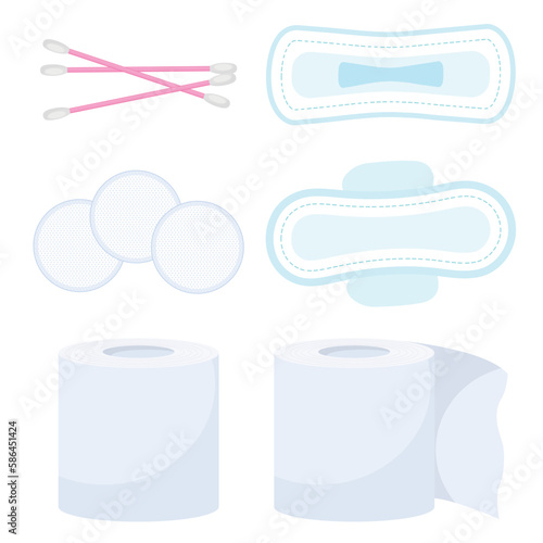 Vector image of pads, ear sticks, cotton pads. Hygiene items and baths. The concept of cleanliness and self-care. Beautiful elements for your design.