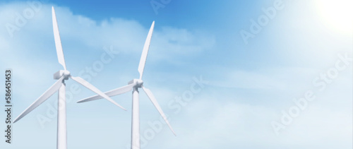 3d white wind mill power turbine on sky background. Windmill station to create alternative energy banner business concept. Realistic renewable sustainable electricity generation billboard layout.