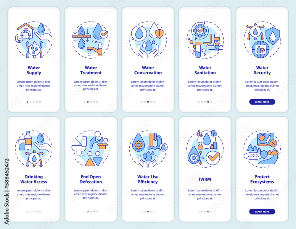 Water and sanitation management onboarding mobile app screens set. Walkthrough 5 steps editable graphic instructions with linear concepts. UI, UX, GUI template. Myriad Pro-Bold, Regular fonts used