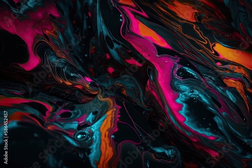 close-up view of an abstract painting in black and pink colors. Generative AI