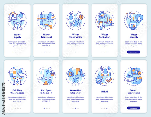 Water and sanitation management onboarding mobile app screens set. Walkthrough 5 steps editable graphic instructions with linear concepts. UI, UX, GUI template. Myriad Pro-Bold, Regular fonts used