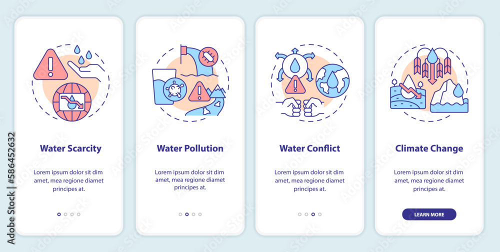 Water source threats onboarding mobile app screen. Dangers walkthrough 4 steps editable graphic instructions with linear concepts. UI, UX, GUI template. Myriad Pro-Bold, Regular fonts used Water source threats onboarding mobile app screen. Dangers walkthrough 4 steps editable graphic instructions with linear concepts. UI, UX, GUI template. Myriad Pro-Bold, Regular fonts used