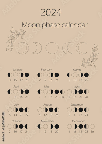 Moon phases calendar 2024. Waning gibbous, Waxing crescent, New moon, Full moon with dates.	