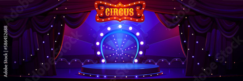 Background with circus stage and red theater curtains. Vintage interior inside circus tent. Carnival show circle podium with frame with light bulbs and drapery, vector cartoon illustration