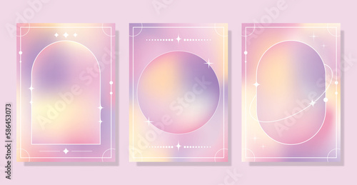 Fluid pastel holographic gradient background with trendy brutalism geometric shape. Modern wallpaper design template for cover, banner, card, poster, flyer, presentation. 
