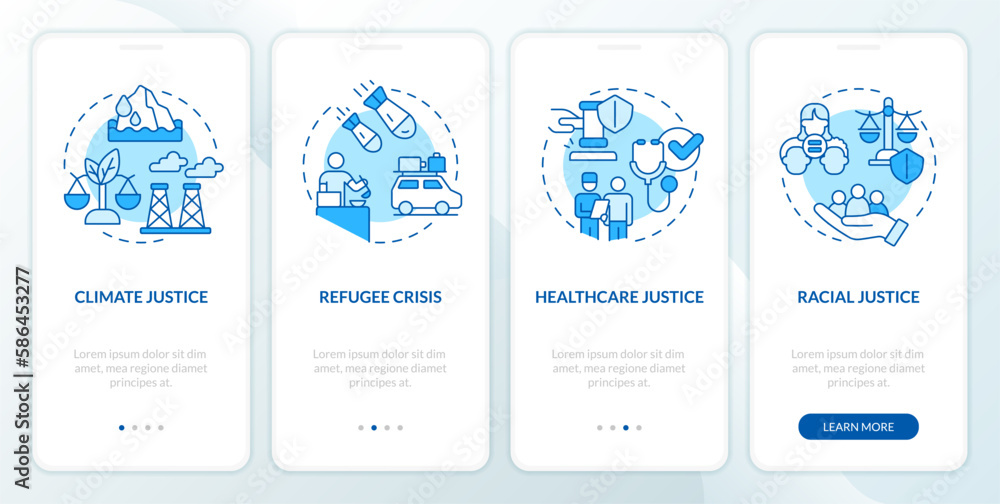 Social justice examples blue onboarding mobile app screen. Walkthrough 4 steps editable graphic instructions with linear concepts. UI, UX, GUI template. Myriad Pro-Bold, Regular fonts used