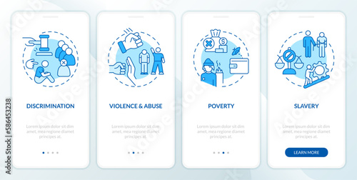 Justice issues blue onboarding mobile app screen. Society problems walkthrough 4 steps editable graphic instructions with linear concepts. UI, UX, GUI template. Myriad Pro-Bold, Regular fonts used