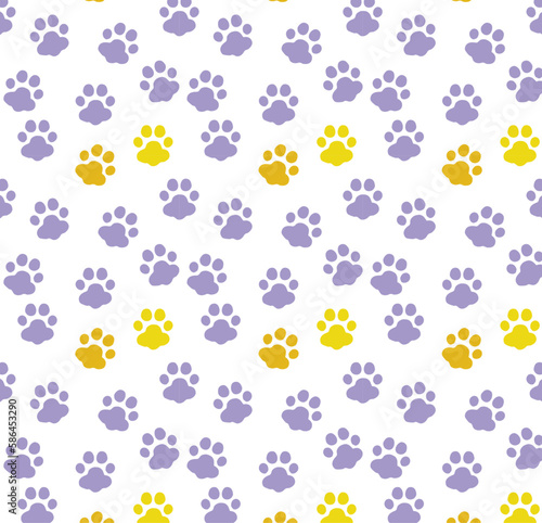 Yellow And Purple Paw Print Pattern For Textile Design. Dog And Cat Paw Print