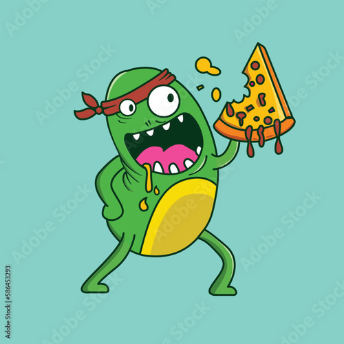 Monster eats pizza