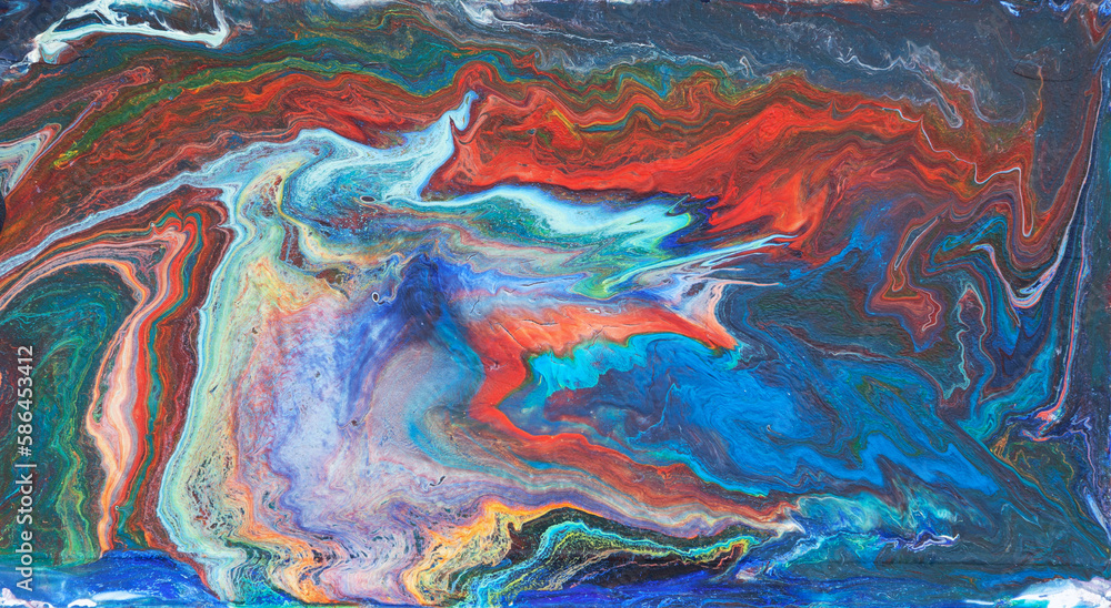 Colorful blue and red hand painted wavy texture. Abstract acrylic painting. Fluid art.