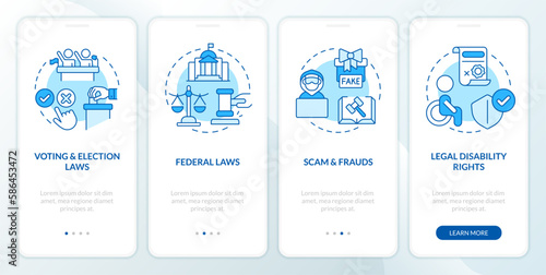 Laws and legal matters blue onboarding mobile app screen. Walkthrough 4 steps editable graphic instructions with linear concepts. UI, UX, GUI template. Myriad Pro-Bold, Regular fonts used