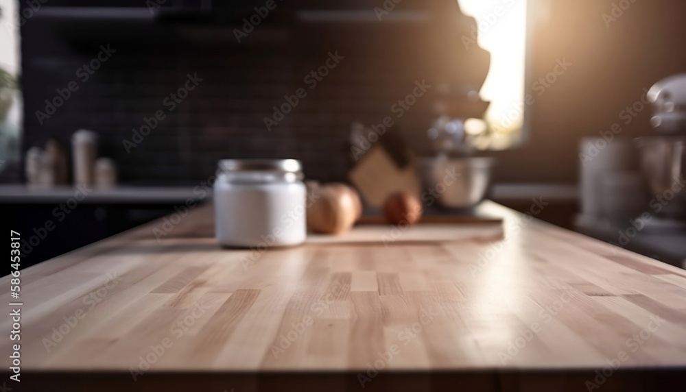 Empty Kitchen Counter Table with Blurred Background. Top View Space for Product Display Empty Kitchen Counter Table with Blurred Background. Top View Space for Product Display