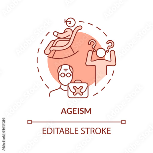 Ageism red concept icon. Age discrimination. Social injustice example abstract idea thin line illustration. Isolated outline drawing. Editable stroke. Arial, Myriad Pro-Bold fonts used