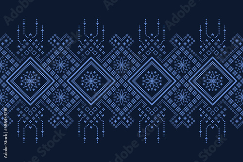 Indigo navy blue geometric traditional ethnic pattern Ikat seamless pattern border abstract design for fabric print cloth dress carpet curtains and sarong Aztec African Indian Indonesian 