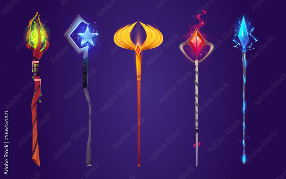 Magic vector staff, wizard game fantasy stick. Magician scepter weapon with  crystal and wood cane. Sorcery battle golden stuff to use for spell and  attack in magical battle. Enchantment rod set Stock