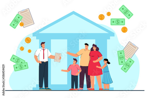 Government funding family with low-income vector illustration. Grants for poor families, bank building, happy parents with kids and worker. Family budget, finances, government support concept