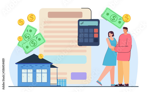 Wife and husband worrying about increasing utility bills. Married couple with house, tax calculator, huge document, banknotes and coins vector illustration. Family budget, finances, economy concept