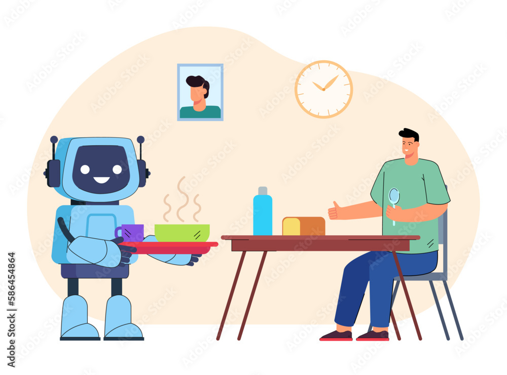 AI robot assistant working as waiter vector illustration. Robot bringing meal to happy man at table at restaurant or cafe. Artificial intelligence, robotics, technology concept