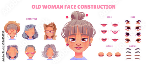 Grandma character face construction for animation. Granny game avatar creation with emotion, mouth, eyes and hairstyle cartoon vector set. Female elderly head generator kit on white background.