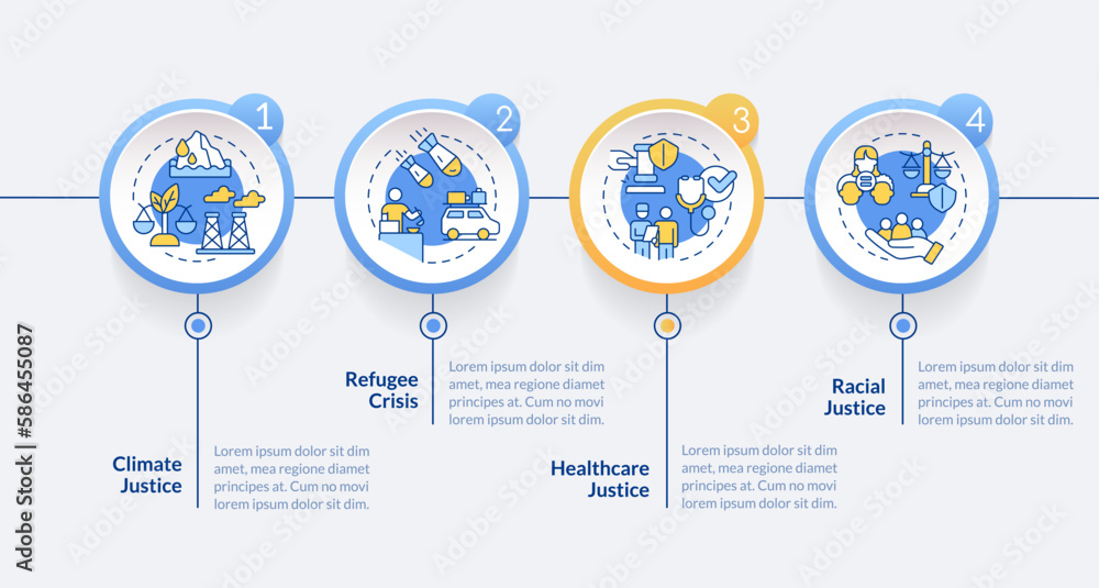 Social justice examples blue circle infographic template. Data visualization with 4 steps. Editable timeline info chart. Workflow layout with line icons. Lato-Bold, Regular fonts used Social justice examples blue circle infographic template. Data visualization with 4 steps. Editable timeline info chart. Workflow layout with line icons. Lato-Bold, Regular fonts used