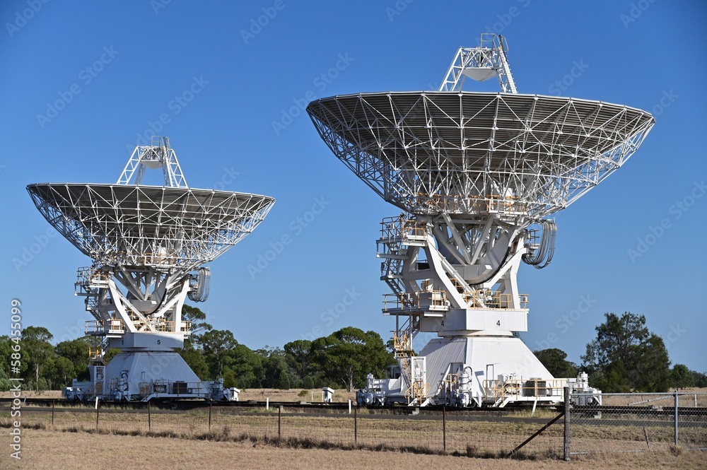 Two radio telescope antennas at Narrabri Observatory New South Wales Australia