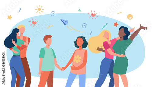 Friends hugging vector illustration. Happy young people embracing and supporting each other, holding hands. Friendship, love, healthy relationship, equality, community concept