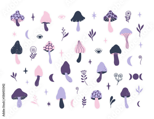 Mystical mushrooms stickers flat vector illustration. Celestial fungi with moon, third eyes, floral. Cartoon clipart isolated on white. Whimsical plant for daily planner, organizer, scrapbook.