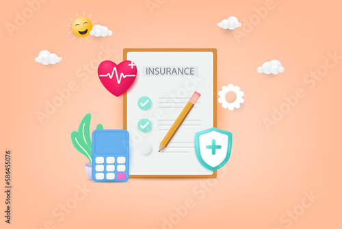 3d Health insurance concept. Health Insurance documents, calculators, red heart, shields and crosses icon. 3d vector illustration.