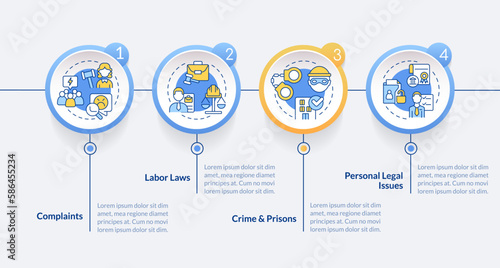 Laws and legal issues blue circle infographic template. Data visualization with 4 steps. Editable timeline info chart. Workflow layout with line icons. Lato-Bold, Regular fonts used