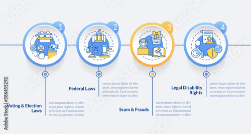 Laws and legal matters blue circle infographic template. Data visualization with 4 steps. Editable timeline info chart. Workflow layout with line icons. Lato-Bold, Regular fonts used