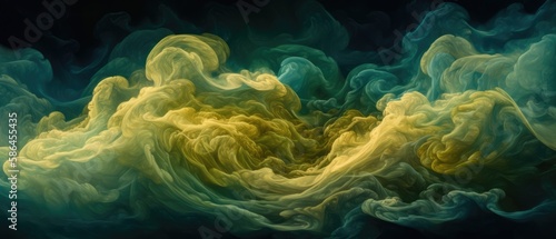 Turbulent folds and swirls of dreamlike ocean wavy clouds, ethereal sea green yellow colors, soft soothing fantasy background - generative AI