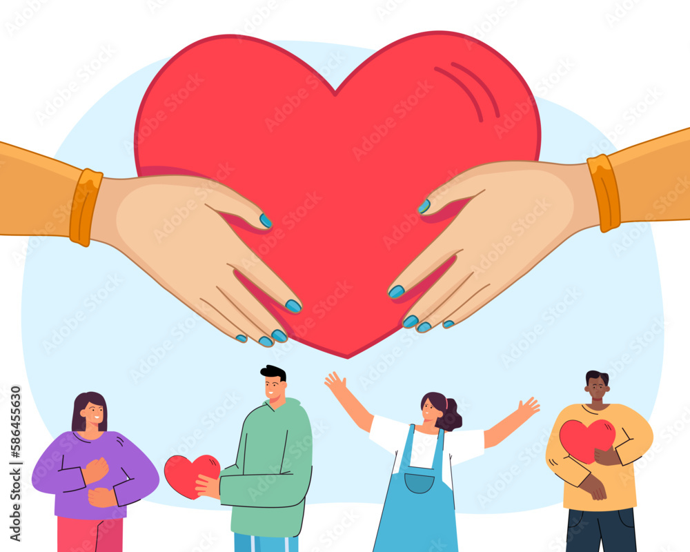 Hands holding red heart vector illustration. Happy people helping each ...