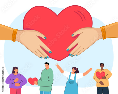 Hands holding red heart vector illustration. Happy people helping each other, smiling, sending love and gifts on white background. Random acts of kindness day, friendship, equality concept