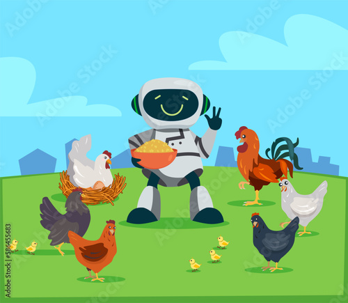 Robot assistant feeding chickens vector illustration. Happy robot with bowl taking care of birds and livestock on farm. Artificial intelligence, application of robotics in farming, technology concept