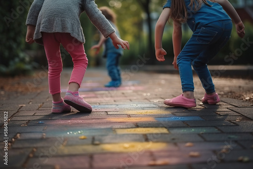 Creative Play. Spirited group of children enjoying a game of hopscotch on a vibrant pavement. Playful concept. AI Generative