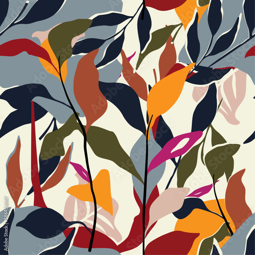 Leaves Seamless Pattern. Abstract Leaves Background. Floral Wallpaper. Botanical Design for Prints, Surface, Home Decoration, Fabric. Vector Illustration. 