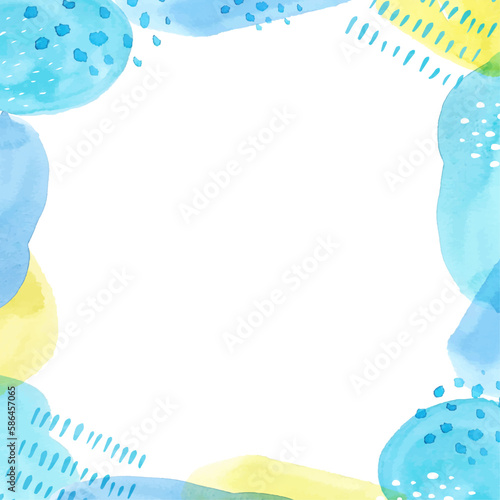 水彩で描いた爽やかな青色の幾何学模様のベクターフレーム背景(夏カラー、夏イメージ)