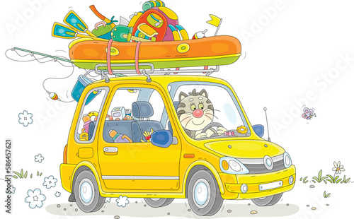 Funny cat fisherman going fishing in its small car with an inflatable boat, a tourist backpack and a tent on a trunk on summer vacation, vector cartoon illustration on white