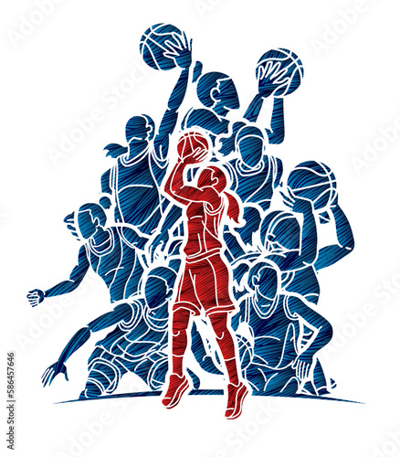 Group of Basketball Women Players Mix Action Cartoon Sport Team Graphic Vector