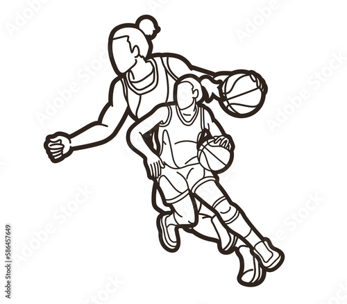 Group of Basketball Women Players Mix Action Cartoon Sport Team Graphic Vector