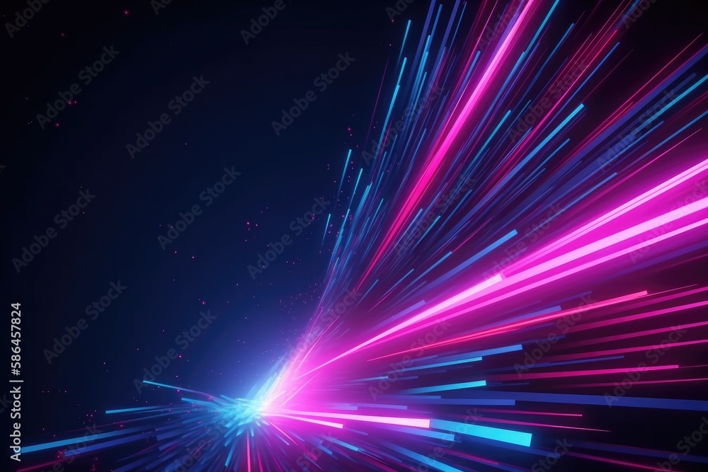 3d render, abstract neon background. Pink blue glowing lines, speed of ...