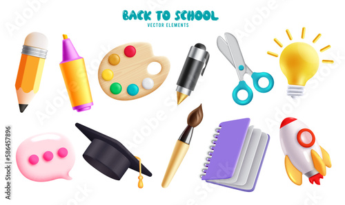 Back to school vector elements set design. School educational supplies and items isolated in white background. Vector illustration learning element collection.