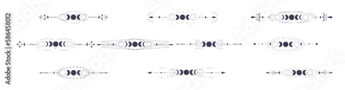 Moon Phases set with celestial border isolated on white background. Mystic esoteric symbol with moon and border. Astrology cycle eclipse. Vector design element.